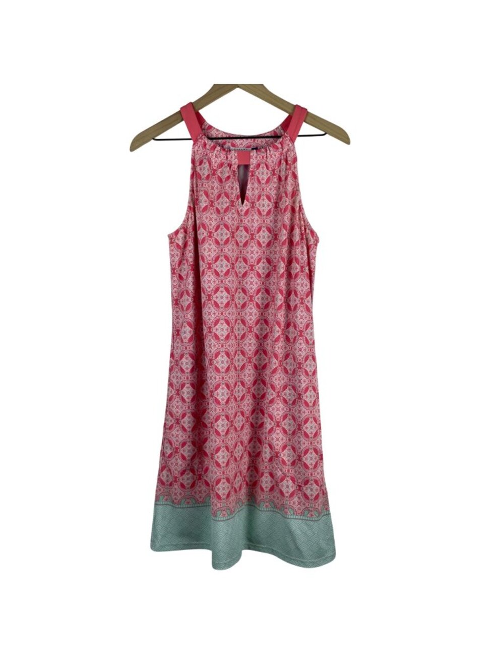 Cabana Life Sleeveless Pink & Teal Patterned Dress With Keyhole Detail small